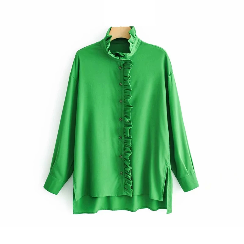 2019 Весенняя женская Милая длинная передняя короткая рубашка зеленая с