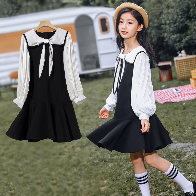 

Girls Dress 2020 Autumn New Children's Clothing College Style Bow Tie Student Uniform Fashion Princess Dress Kids Clothes