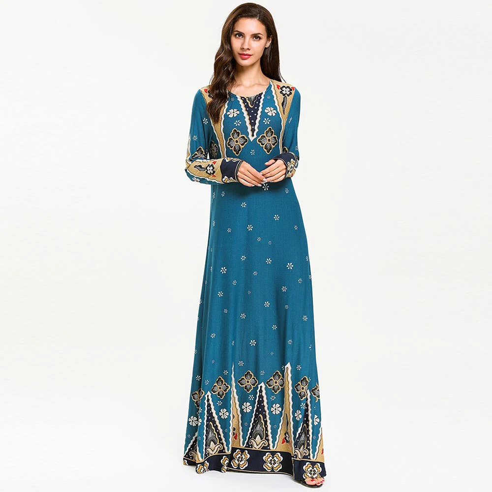 Plus Size Women Arab Muslim Dress Islamic Clothing Print Floral Big Swing Maxi Abaya Dresses Dubai Kimono Musulman Robe |