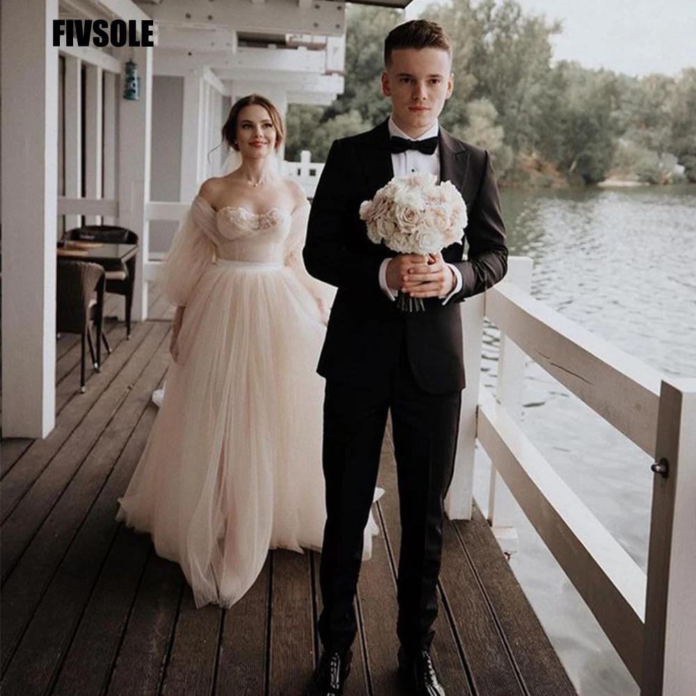 

Fivsole Modern Puff Sleeve Wedding Dress 2021 Sweetheart Pleat Lace Floor-length Bride Gowns Corset Back Bridal Dress Plus Size