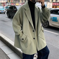pure color woolen coat mens korean casual jacket mens fashion loose woolen jacket mens streetwear mid length windbreaker