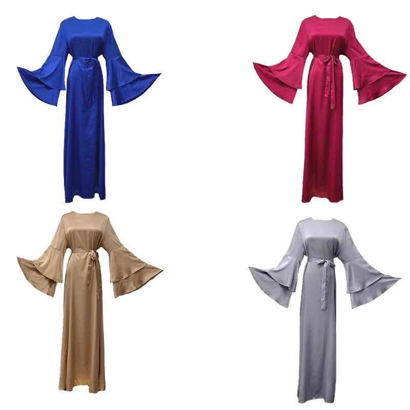 

Женское платье макси Рамадан ИД, Двуслойное платье с расклешенными рукавами, абайя, мусульманский кафтан с поясом, однотонное атласное плат...