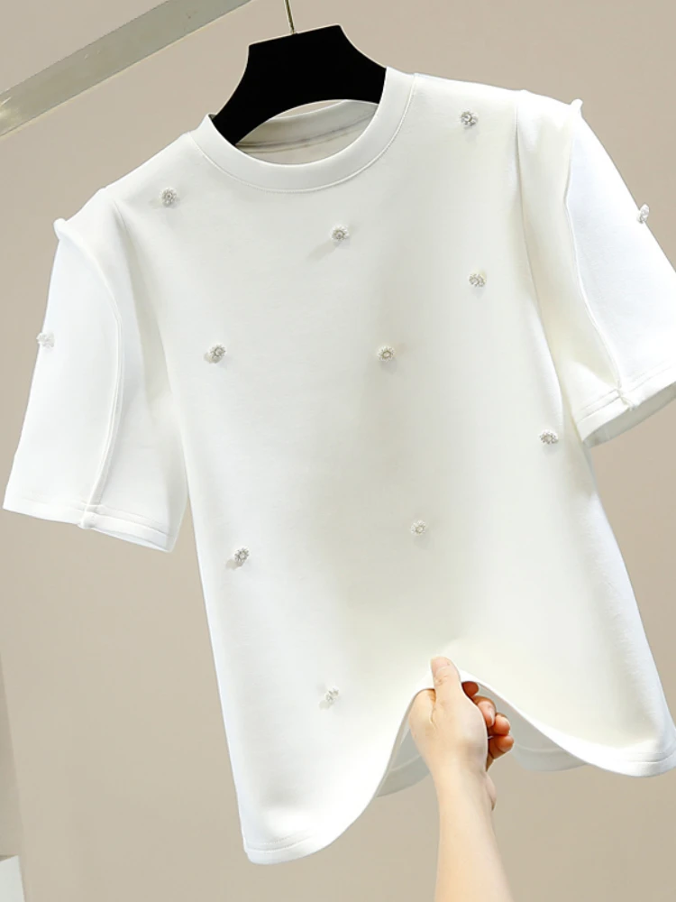 

White Tees T-shirt for Women 2021 New Summer Loose Tshirt Pearl Buttons Cotton T-shirts Short Sleeve Tee Female Casual T Shirt