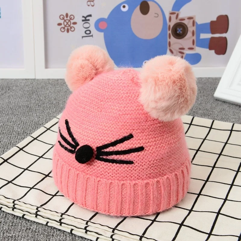 pink hat Baby Beanies Double Ball Wool Cartoon Pompom Hat Children Winter Knitted Hats Cute Cap for Girls Boys Thick Kids Beanies - Цвет: pink hat