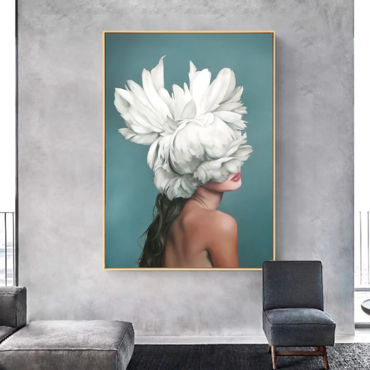 Скандинавский абстрактный цветок перо Аватар девушка Картина на холсте
