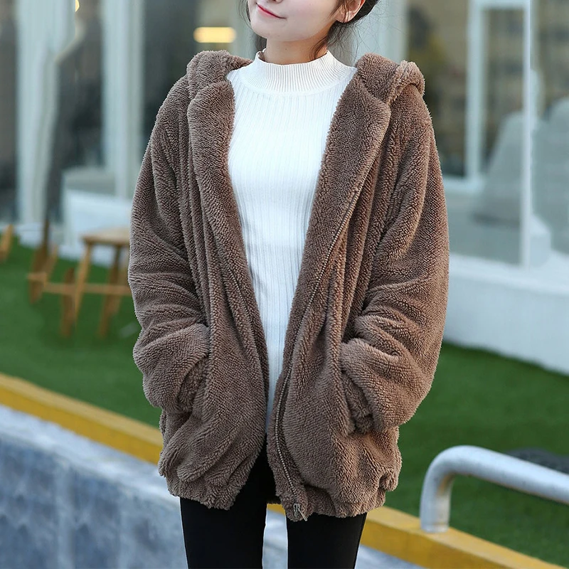 

2021 Women Oversize Hoodies Autumn Loose Fluffy Bear Ear Kawaii Hoodie Girl Hooded Jacket Warm Outerwear Zipper Coat Sweatshirts