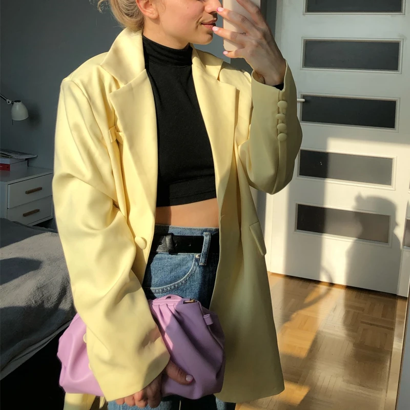 

Colorfaith New 2021 Spring Autumn Women's Blazers Pockets Jackets Fashionable Vintage Oversized Elegant Office Lady Tops JK21108