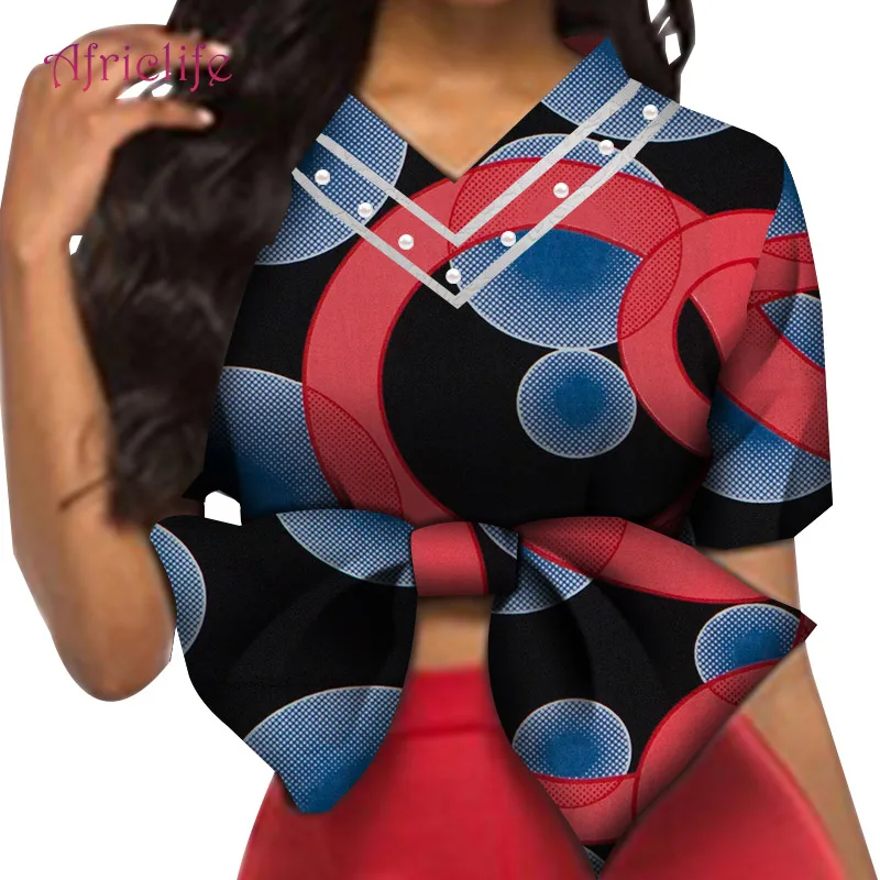 

Summer Short Top African Clothing Lady With Big Bow Pearls Wax Cotton Fabrics V Necklace Female T-Shirt WY5009