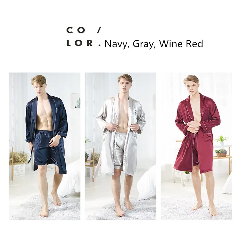 Men's Pajamas Silk Satin Pajamas Top Male Pyjama Sleepwear Navy Gray Wine Red Lounge-wear Home Clothing Men's Pajamas