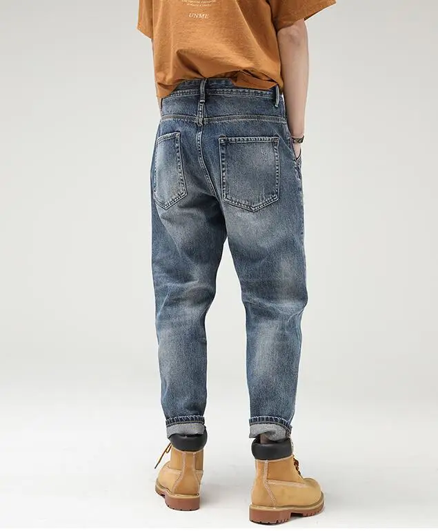 Patch Washed Ripped Jeans Men's Denim Patch Straight Loose Denim Pants Male Flanging Pant Size 28-40