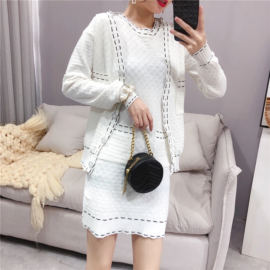 Женский комплект из 2 предметов пальто с V-образным вырезом и облегающее платье