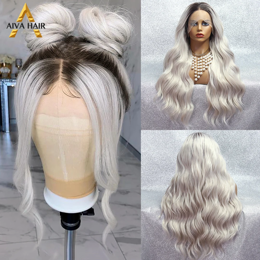 Ombre Platinum Blonde Synthetic Lace Front Wig Long Heat Resistant Body Wave Lace Front Wig Aiva Cosplay Wigs For Black Women