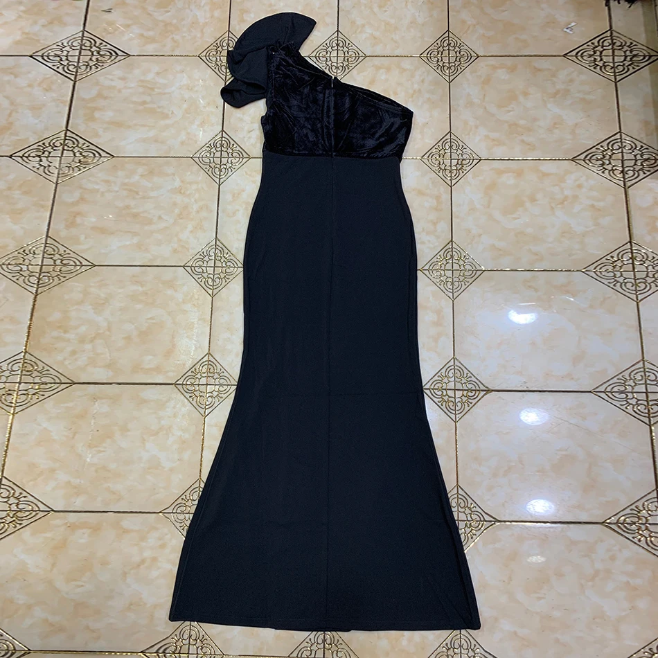 

Ailigou 2020 Black Bandage Dress Ladies One-Shoulder Ruffled Hem Sexy Elegant Autumn Dress Split Long Tight Sexy Party Dress