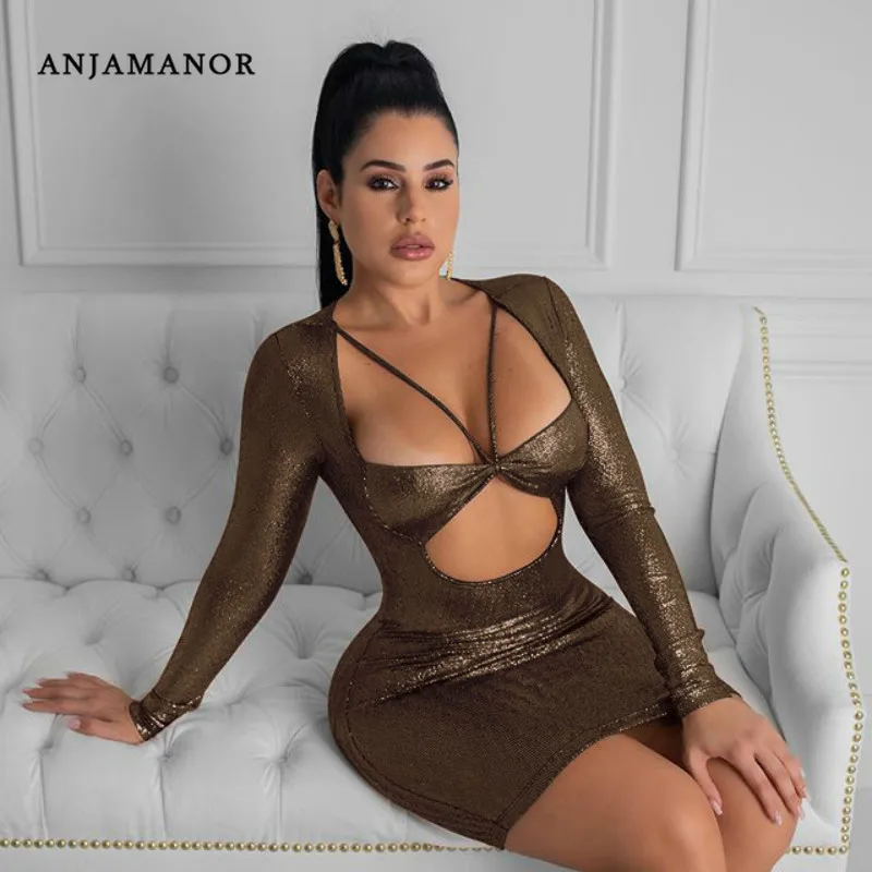 Женское блестящее облегающее мини платье с длинным рукавом и глубоким