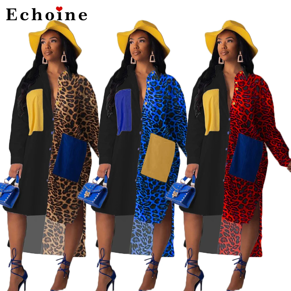 

Женская пикантная рубашка большого размера, платье с леопардовым принтом и карманами, цельное однобортное свободное платье с асимметричны...