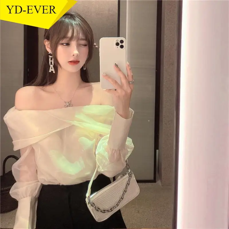  Slash Neck Long Sleeve Shirt Women Elegant Off Shoulder Korean Chic Blouse See Through All-match Tops Blusas Mujer | Женская одежда