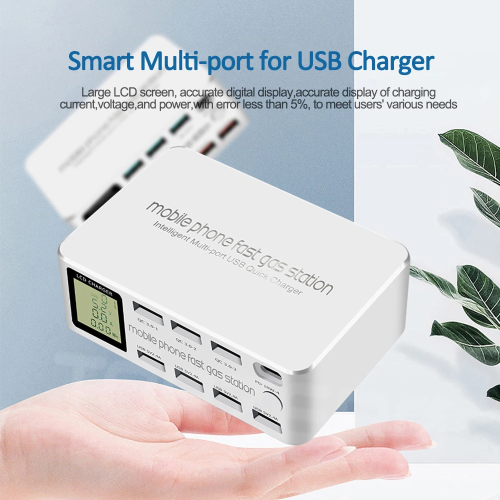 100w 8 ports smart usb charger qc 3 0 pd fast charge adapter hub lcd display multi usb charger station for iphone samsung huawei free global shipping