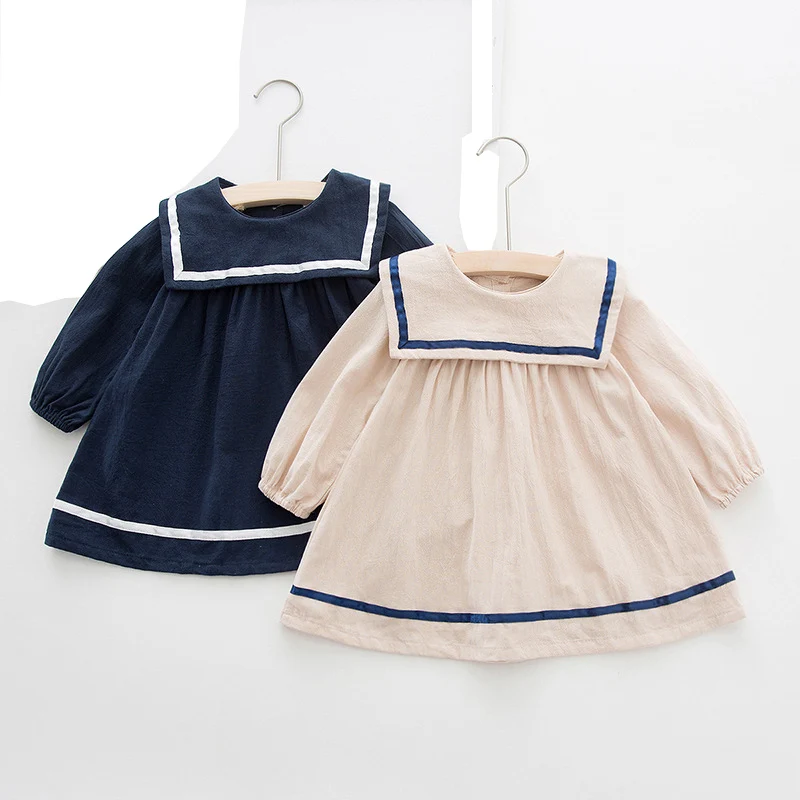 

Платье для девочек, Осеннее, хлопковое, с длинным рукавом, с матросским воротником, LZ441