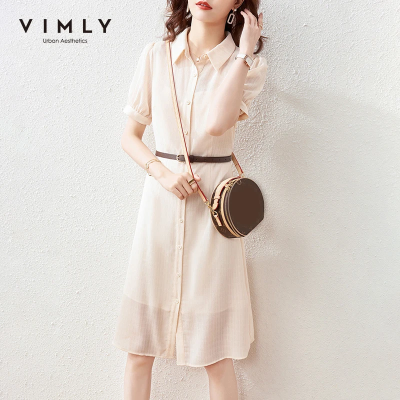 

VIMLY Summer Shirt Dress For Women Elegant Puff Sleeve Solid Aline Dresses Vintage 2021 High Waist Dress Female Vestidos F7012