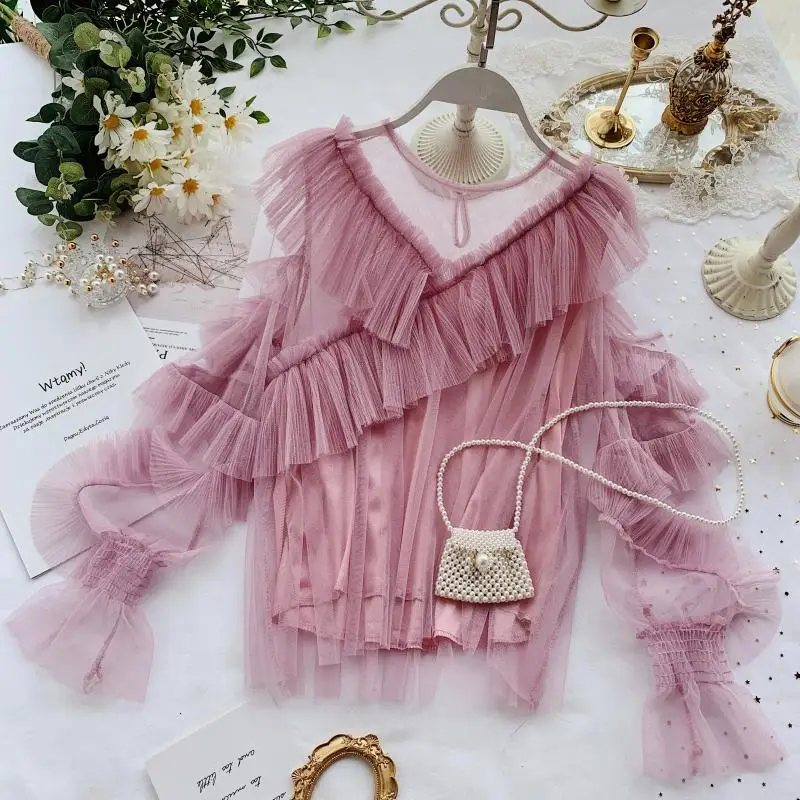 YoungGee женская блузка сексуальная с открытыми плечами сетчатая рубашка модная