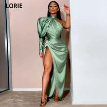 Lorie vestido verde de azeitona brilhante, sereia com manga bufante, um ombro, vestidos de baile, princesa, celebridade, vestido de festa, fenda alta (2)