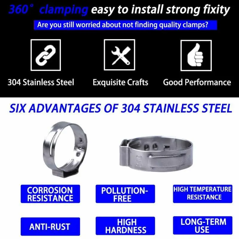 

Tool Hose Clamp 140Pcs 7-21mm 304 Stainless Steel Single Ear Stepless Corrosion Resistance Pipe
