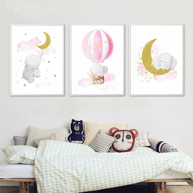 Розовый и золотой слон луна воздушный шар холст Постер печать детская комната