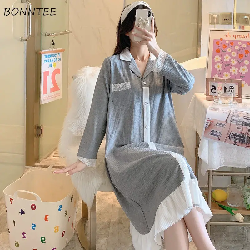 

Sleepshirts Women Spring Simple Patchwork Daily Leisure Soft Sweet Turn-down Collar Fashion Tender Lounge Korean Style Lace Chic