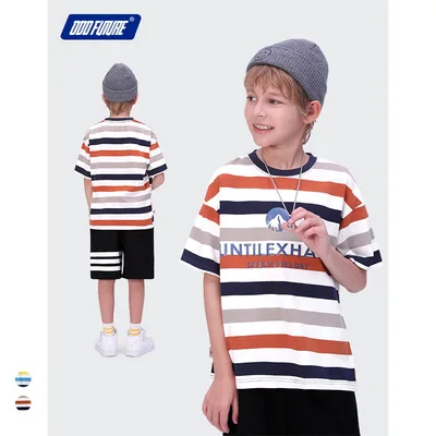 

2021 летняя детская футболка с короткими рукавами для больших мальчиков с О-образным вырезом Британский стиль футболка в полоску уличные фут...