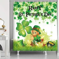spring holiday happy st patricks day shower curtains green shamrock leaf irish gnome elf with gold coins and hat on grass