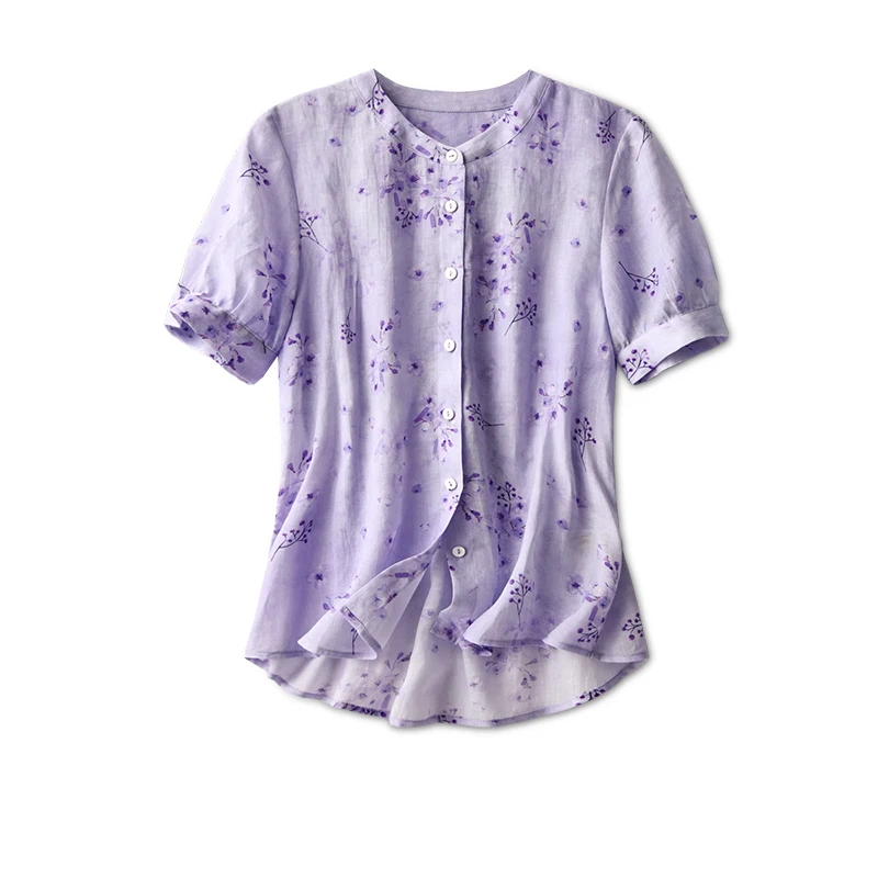 

SHUCHAN Button Up Shirt Ramie O-Neck Prairie Chic Free Shipping Items Clothes for Women Women Shirts Blouses Short Sleeve