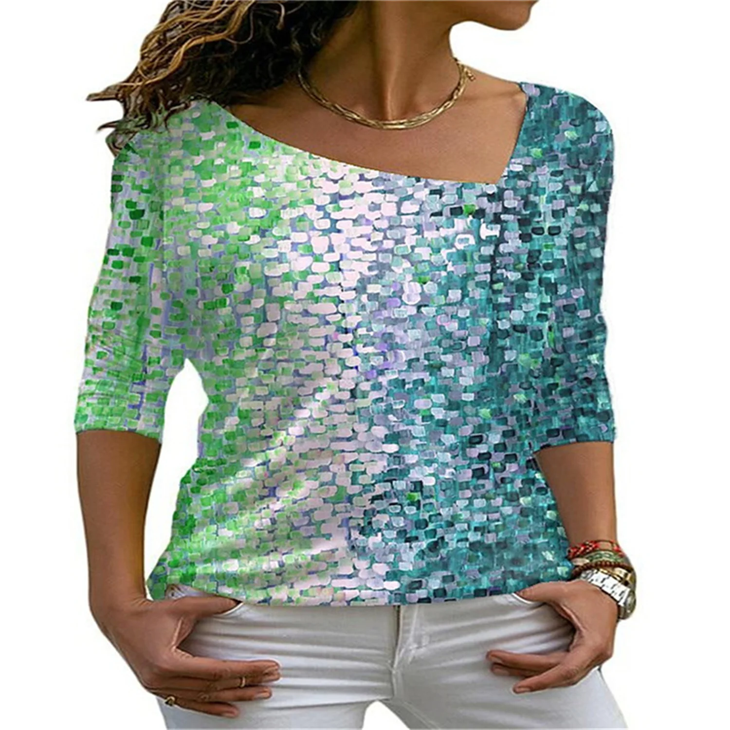 Женская приталенная футболка с длинным рукавом V-образным вырезом и 3D-принтом |