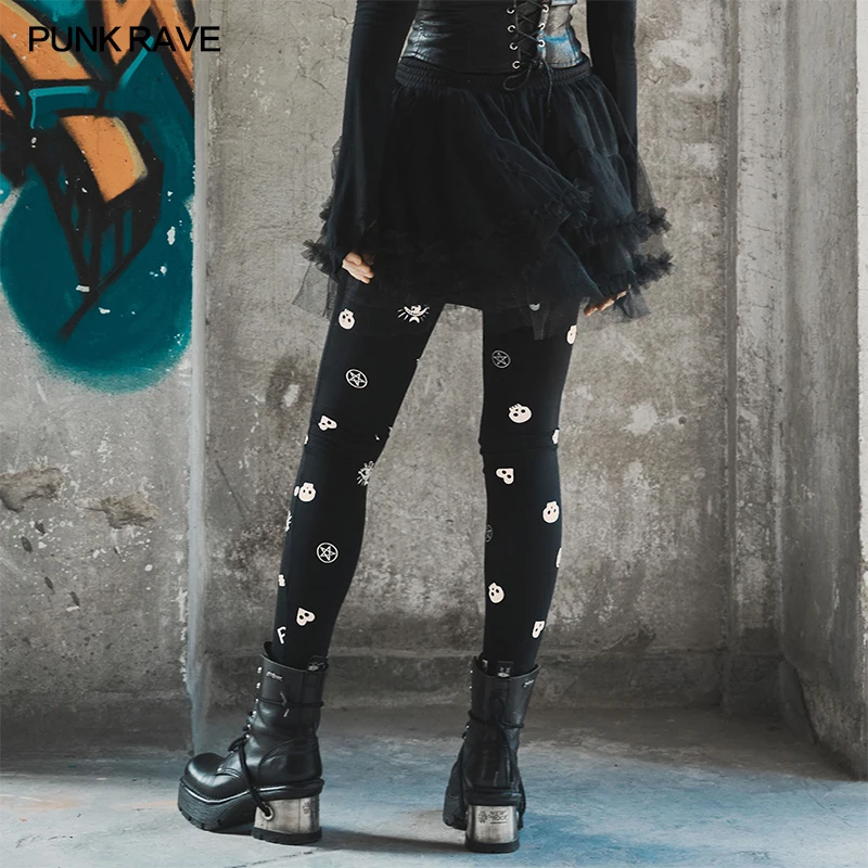 PUNK RAVE Women's Gothic Daily Dark Night Elves Moon Comic Printed Fitted Leggings Fashion Personality Womens Leggings