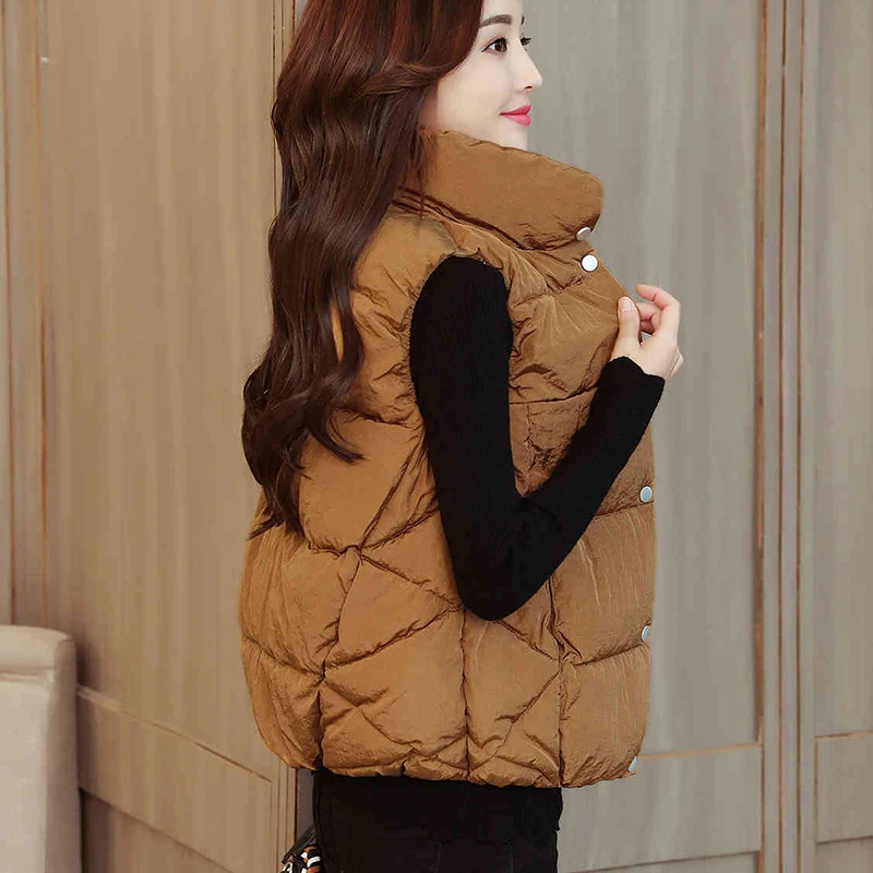 

2021 Women's Winter Vest Solid Korean Style Casual Female Cotton Jacket Stand-Up Collar Single-Breasted Sleeveless Jacket