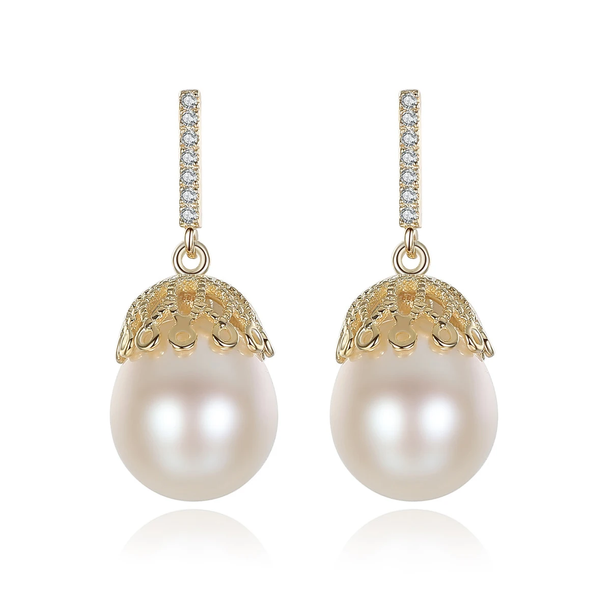 

MetJakt S925 Sterling Silver Lace Design 18K Real Gold Electroplated 10-11mm Freshwater Pearl Women's Earrings
