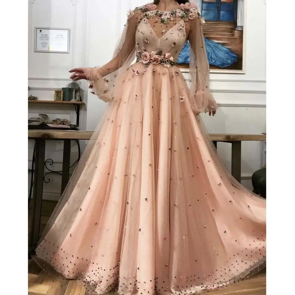 Женское вечернее платье с длинным рукавом элегантное розовое фатиновое