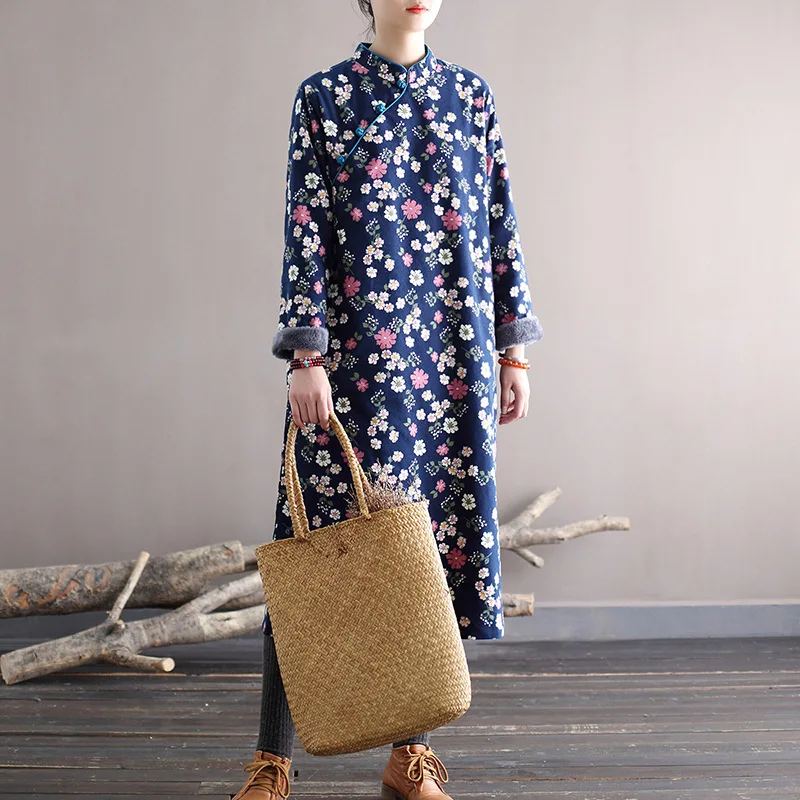 Женское платье с цветочным принтом Johnature свободное плюшевое в стиле ретро