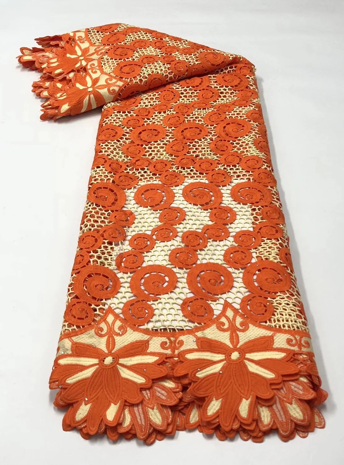 

Orange Cord Guipure Lace Fabric High Quality African Lace Fabric With Stone French Nigerian Water Soluble Mesh Lace For Party