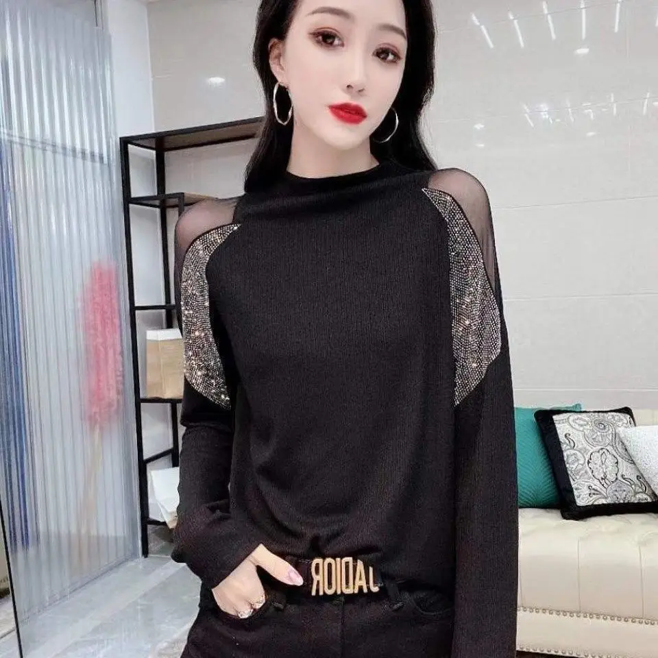 

Blouse Women Mesh Stitching Diamond Long Sleeve Women's Autumn Clothing Turtleneck Shirts Top Blusas Ropa De Mujer