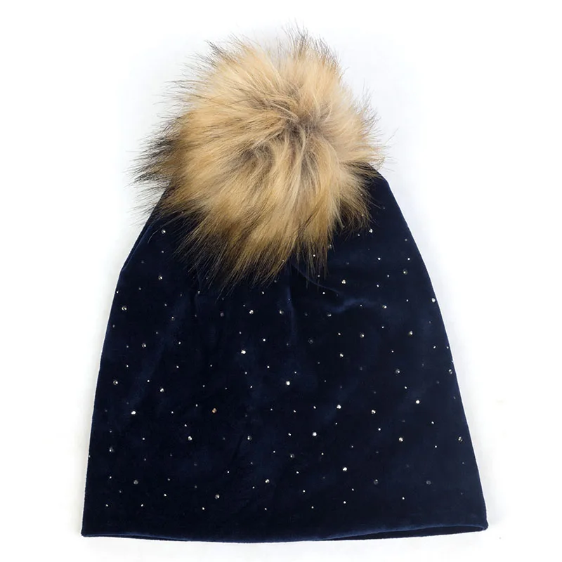 Royal Blue16 Женские зимние Бархатные шапочки с помпон из искуственного меха, женские эластичные мешковатые теплые шапки с ушками, мешковатая шапка со стразами - Цвет: Royal Blue16
