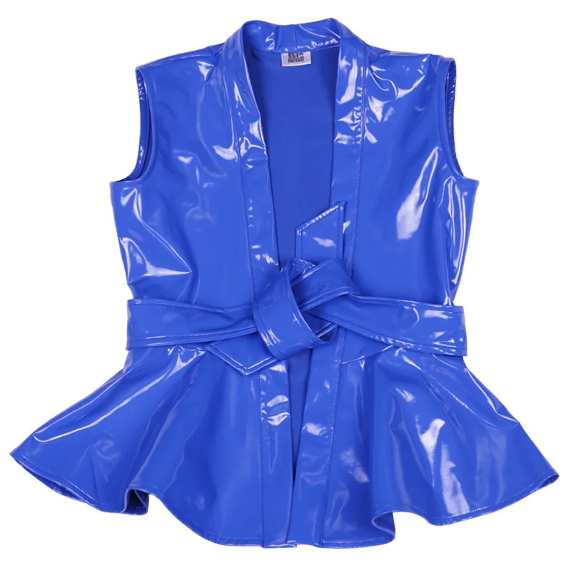 Wet Look Shiny PVC Faux Latex PU Leather Falbala Waistcoat Sexy Sleeveless Tops Bandage Vest Women Gilet Chaleco Streetwear