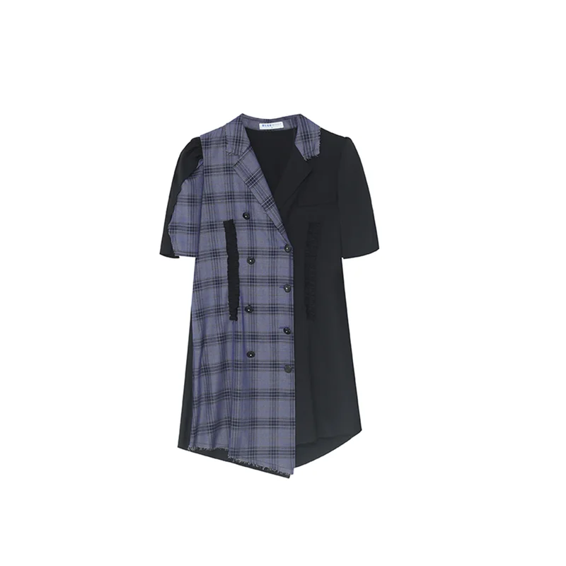 

2020 Women Summer Plaid Dress Splicing Office Lady Tailored A-line Patchwork Mid Length Vestidos with Sashes