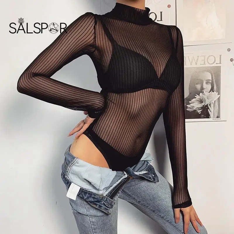 

SALSPOR Sexy Women T Shirt See Through Transparent Mesh Tops Backless Sexy Top Long Sleeve Sheer Slim Ladies Turtleneck T-Shirt