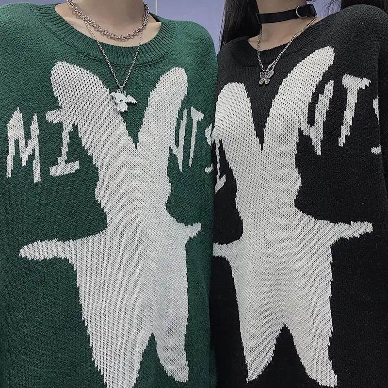 

New Retro Knitted Sweater Jacket Ins Trend Harajuku Style Men's And Women's Tops Thickened Loose Dark Black Rabbit Jacquard