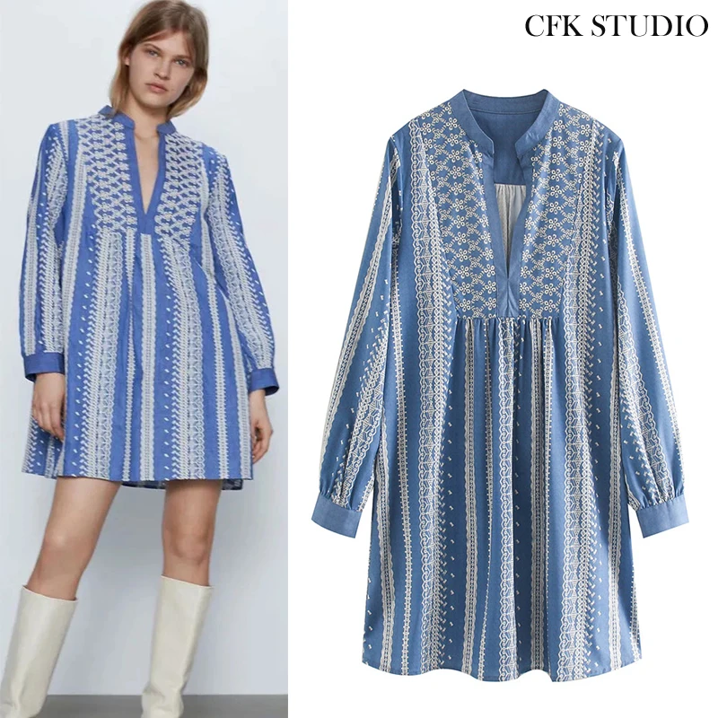 Женское шифоновое платье с v образным вырезом Za винтажное свободное синее