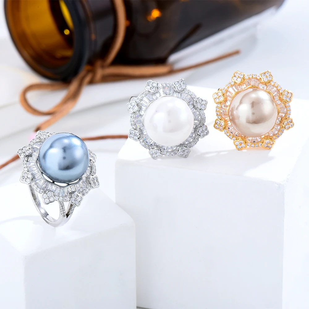 

KellyBola Dubai Africa Luxury Exquisite Large Pearl Ring Women's Cocktail Party Daily Anniversary High-quality Zircon Jewelry