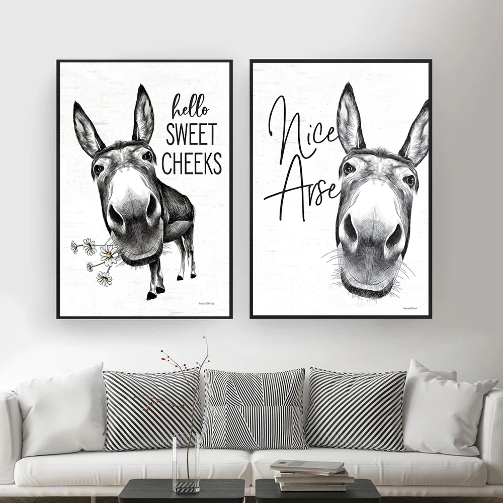 

Funny Donkey Hello Sweet Cheeks Nice Arse Quote Canvas Painting Black White Wall Art Posters And Prints For Bathroom Home Decor