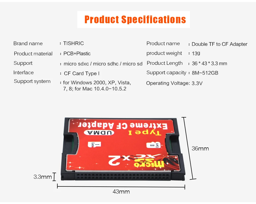 TISHRIC высокое качество двойной Micro SD TF в CF адаптер для MicroSD SDHC SDXC Compact Flash Type I