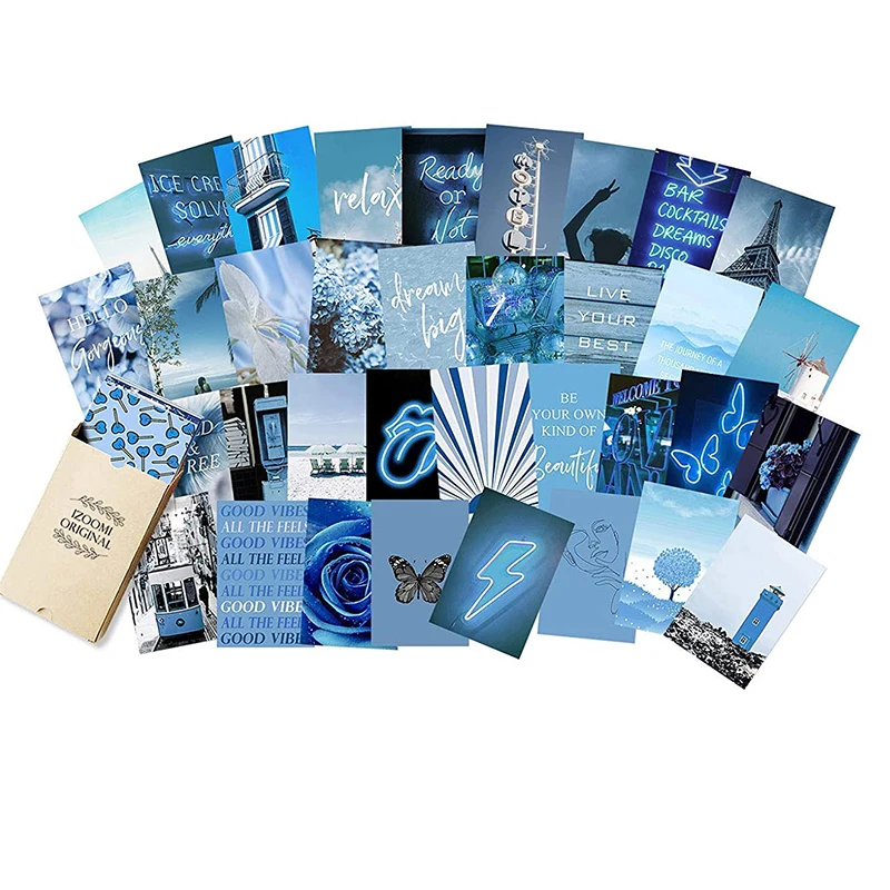 Новые синие настенные Коллажи с эстетическими изображениями декор для спальни