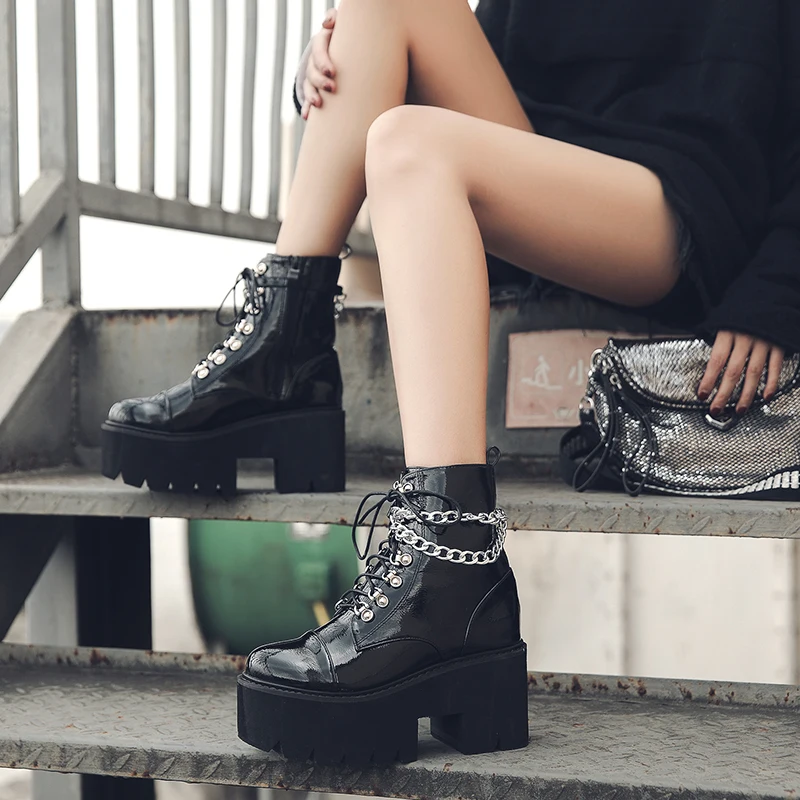 

Autumn Platform Heeled Ankle Boots For Women Gothic Zip Punk Style Shoes Lace Up Boot Chunky Heel Sexy Chain 2021 Winter Footwea